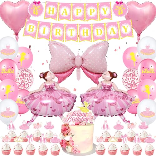 Ballerina Geburtstag Deko Mädchen - 57 Stück Ballerina Luftballon Happy Birthday Banner Tortendeko Cupcake Topper Konfetti Ballons, Ballett Princess Thema Partyzubehör für Kindergeburtstag von Xietaea