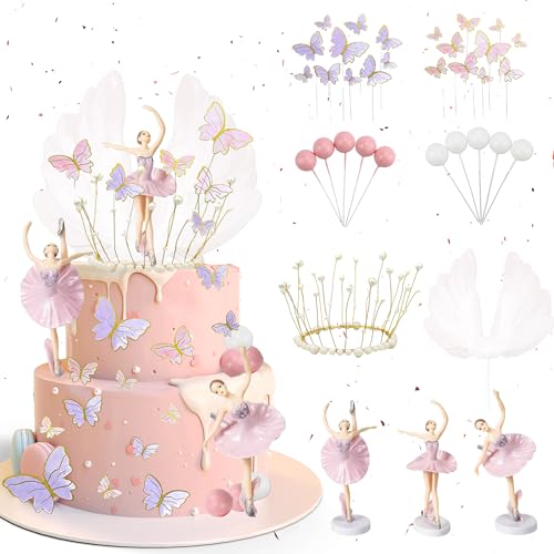 Ballerina Tortendeko Geburtstag Deko Mädchen- 35 Stück Ballerina Figur Kuchen Deko Schmetterlings Cupcake Topper, Ballett Geburtstags Party Dekoration von Xietaea