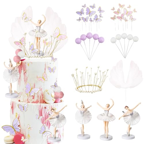 Ballerina Tortendeko Geburtstag Deko Mädchen - 35 Stück Ballerina Figur Kuchen Deko Schmetterlings Cupcake Topper, Ballett Geburtstags Party Dekoration von Xietaea