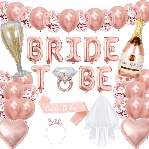 Xietaea Bride to Be Party Dekorations - 36 Stück Roségold JGA Frauen Accessoires mit Bride to Be Folienballon Girlande, Schärpe und Schleier, Luftballons, Junggesellinnenabschied Deko von Xietaea