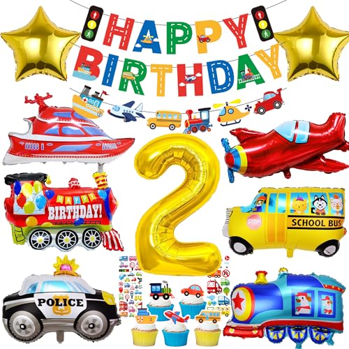 Auto Deko 2. Geburtstag Junge - Two Fast Geburtstagsdeko, Boot Flugzeug Zug Schulbus Polizeiauto Verkehr Luftballon, Transport Car Tortendeko, Aufkleber und Happy Birthday Banner Set Kindergeburtstag von Xietaea