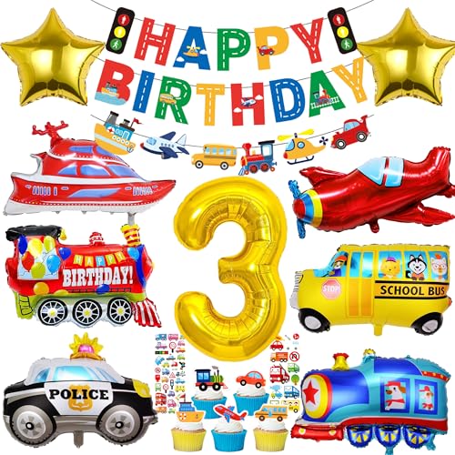 Auto Deko 3. Geburtstag Junge - Verkehr Geburtstagsdeko 3 Jahre, Boot Flugzeug Zug Schulbus Polizeiauto Folienballon, Transport Car Tortendeko, Aufkleber und Happy Birthday Banner Set Kindergeburtstag von Xietaea