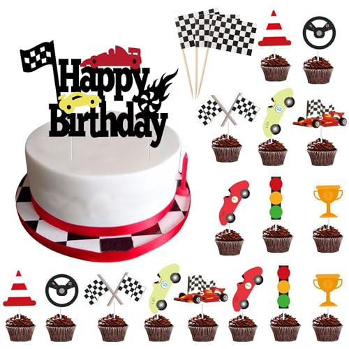 Cars Geburtstagsdeko Auto Tortendeko - 27 Stück Rennwagen Kuchendeko, Karierte Flagge Cupcake Topper, Happy Birthday Cake Topper, Muffins Deko, Sport Mottoparty Deko für Jungen von Xietaea