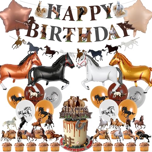 Pferde Geburtstagsdeko Luftballon Junge Mädchen - 65 Stück XXL Pferde Folienballons Happy Birthday Banner Girlande Tortendeko Set, Braun Pferd Partyzubehör, Western Cowboy Party Deko Kindergeburtstag von Xietaea