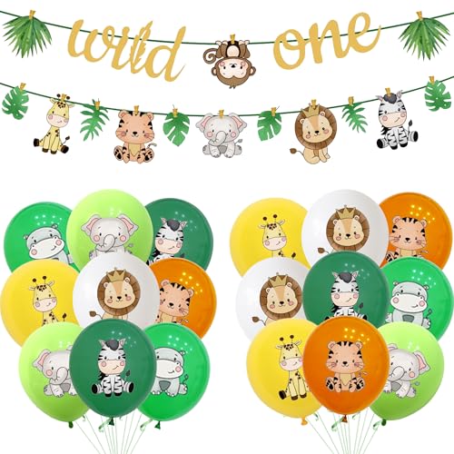 Deko 1. Geburtstag Junge Mädchen - Dschungel Geburtstagsdeko Set mit Wild One Girlande, Safari Luftballons und Tiere Banner, Waldtiere Dekoration für Kindergeburtstag Party Babyparty von Xietaea