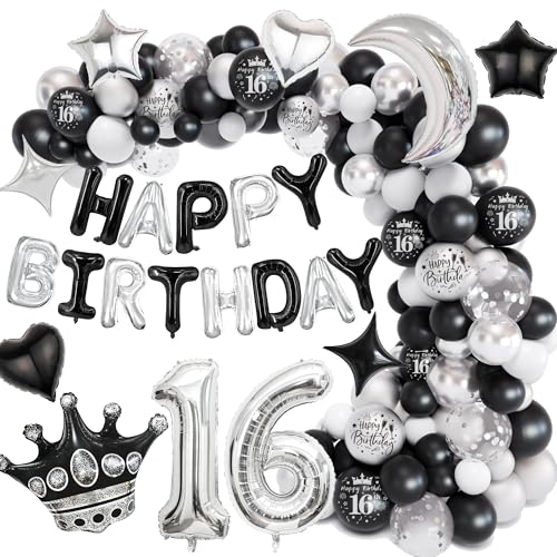 Deko 16 Geburtstag Junge Mädchen - 119 Stück Schwarz Silber Happy Birthday Ballon, Folienballon Zahlen Konfetti Ballons, Geburtstags Party Dekoration Geburtstagsdeko für Jungen von Xietaea