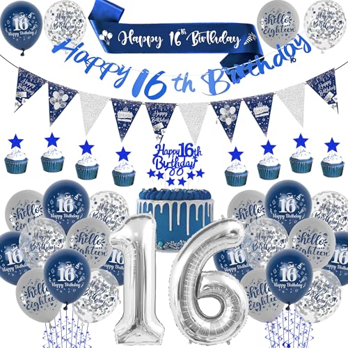 Deko 16. Geburtstag Junge Mädchen – Blau und Silber Luftballons 16 Geburtstagdeko Set Mit Blaue Schärpe Happy Birthday Girlande Silbernen Konfetti-Latexballons für Jungen MäDchen von Xietaea