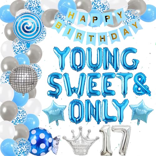 Xietaea Deko 17. Geburtstag Mädchen - Young und Sweet Only 17 Folienballons, Happy Birthday Banner, Disco Ballon, Blau Silber Luftballon Girlande Set, Geburtstagsdeko für 17 Jahre Mädchen von Xietaea