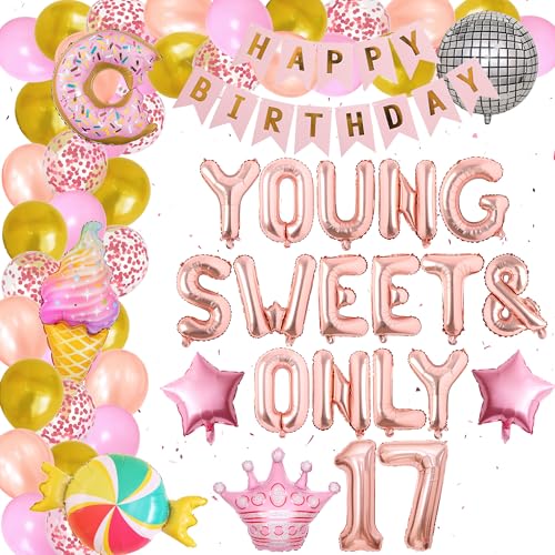 Xietaea Deko 17. Geburtstag Mädchen - Young und Sweet Only 17 Dekoration mit Happy Birthday Banner, Roségold Luftballon Girlande Set, Geburtstagsdeko für 17 Jahre Mädchen von Xietaea