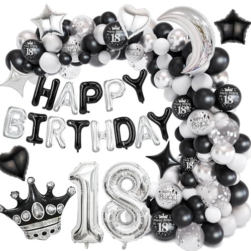 Deko 18 Geburtstag Luftballons Mädchen Jungen - 119 Stück Schwarz Silber Geburtstagsdeko mit Happy Birthday Ballon, Zahl 18 Folienballon Konfettiballons Geburtstags Dekoration für 18 Jahre von Xietaea