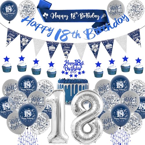 Deko 18. Geburtstag Junge Mädchen – Blau und Silber Luftballons 18 Geburtstagdeko Set Mit Blaue Schärpe Happy Birthday Girlande Silbernen Konfetti-Latexballons für Jungen MäDchen von Xietaea