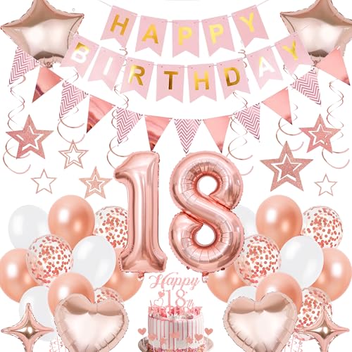 Deko 18. Geburtstag Mädchen Rosegold - 18 Jahre Geburtstagsdeko mit Luftballons Happy Birthday Girlande und Tortendeko, Zahl Ballons und Hängende Wirbel für 18. Geburtstagsfeier Dekoration von Xietaea