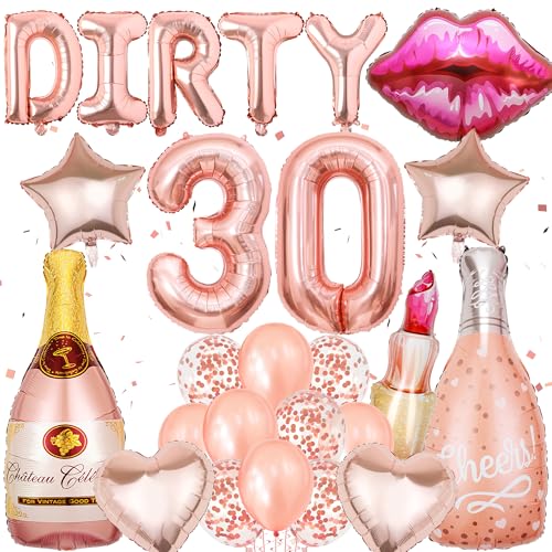 Xietaea Deko 30 Geburtstag Frau - 27 Stück Geburtstagsdeko Roségold, Dirty Thirty Luftballons Banner, Lippenstift Folienballons, Lippenballons, XXL Champagner Ballon, Sterne und Herzballons von Xietaea