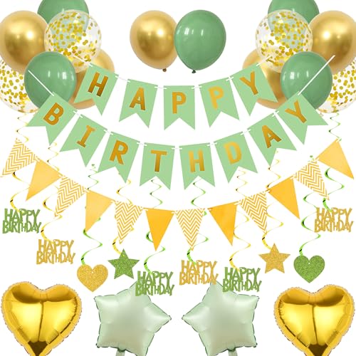 Deko Geburtstag Ballons Girlande Set - 61 Stück Geburtstagsdeko mit Happy Birthday Banner Luftballons Hängende Wirbel, Geburtstags Party Dekoration für Frauen Mann (Grün Gold) von Xietaea