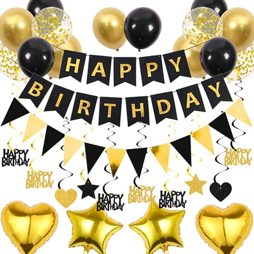 Deko Geburtstag Ballons Girlande Set - 61 Stück Geburtstagsdeko mit Happy Birthday Banner Luftballons Hängende Wirbel, Geburtstags Party Dekoration für Frauen Mann (Schwarz Gold) von Xietaea