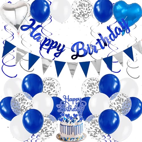 Deko Geburtstag Mann Blau Silber - Happy Birthday Girlande Tortendeko Luftballons und Hängende Wirbel, Glitzer Geburtstagsdeko Banner Herz Folienballon Cupcake Toppers für Junge von Xietaea