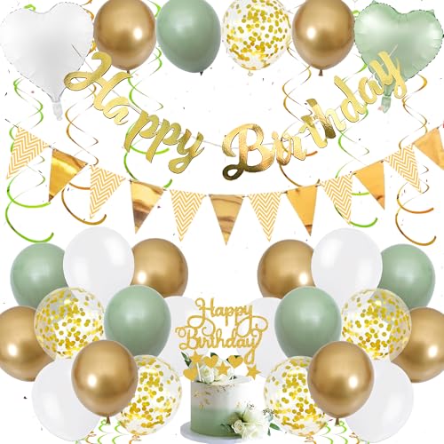 Xietaea Deko Geburtstag Frau Mann - Grün Gold Happy Birthday Girlande Tortendeko Luftballons und Hängende Wirbel, Glitzer Geburtstagsdeko Banner Herz Folienballon Cupcake Toppers von Xietaea