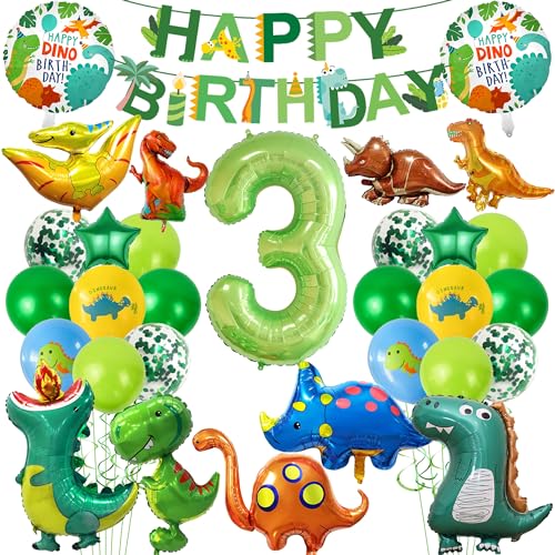 Dino Geburtstag Deko 3 Jahre - Dinosaurier Deko Kindergeburtstag mit XXL Dino Luftballons, Happy Birthday Banner Girlande, Folienballon Zahlenballon 3, Dino Geburtstagsdeko für Jungen Und Mädchen von Xietaea