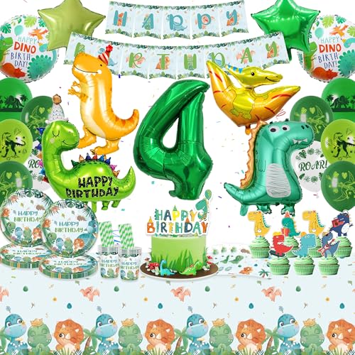 Dino Geburtstag Deko Partygeschirr Set - Grün Dinosaurier Kindergeburtstag Dekoration für Jungen und Mädchen 4 Jahren mit Pappteller Servietten Luftballons Tassen Banner für Dschungel Geburtstagsdeko von Xietaea