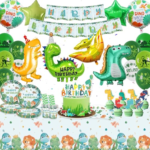 Dino Geburtstag Deko Partygeschirr Set - Grün Dinosaurier Kindergeburtstag Dekoration für Jungen und Mädchen mit Pappteller Servietten Luftballons Tassen Banner für Dschungel Geburtstagsdeko 16 Gäste von Xietaea