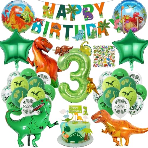 Dino Geburtstag Luftballons Deko 3 Jahre - 93 Stücke Dinosaurier Deko Kindergeburtstag mit Ballon, Happy Birthday Girlande, Kuchendeko, Dschungel Thema Geburtstagsdeko 3 Jahre Junge MäDchen von Xietaea