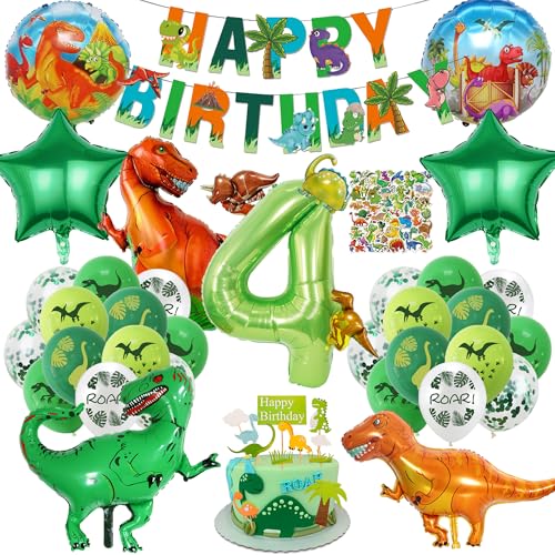 Dino Geburtstag Luftballons Deko 4 Jahre - 93 Stücke Dinosaurier Deko Kindergeburtstag mit Ballon, Happy Birthday Girlande, kuchendeko, Dschungel Thema Geburtstagsdeko 4 Jahre Junge MäDchen von Xietaea