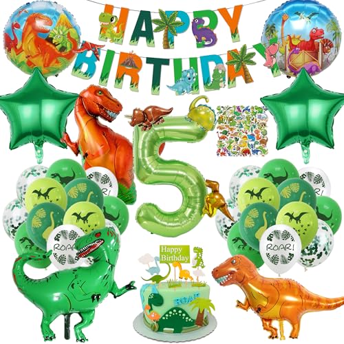 Dino Geburtstag Luftballons Deko 5 Jahre - 93 Stücke Dinosaurier Deko Kindergeburtstag mit Ballon, Happy Birthday Girlande, kuchendeko, Dschungel Thema Geburtstagsdeko 5 Jahre Junge MäDchen von Xietaea