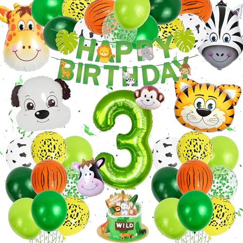 Dschungel Deko 3. Geburtstag Junge - 53 Stücke Grün Safari Tier 3 Geburtstag Dekoration mit Happy Birthday Girlande, Jungle Folienballon, Kuchendeko, Waldtiere 3. Geburtstag Deko Junge Mädchen von Xietaea