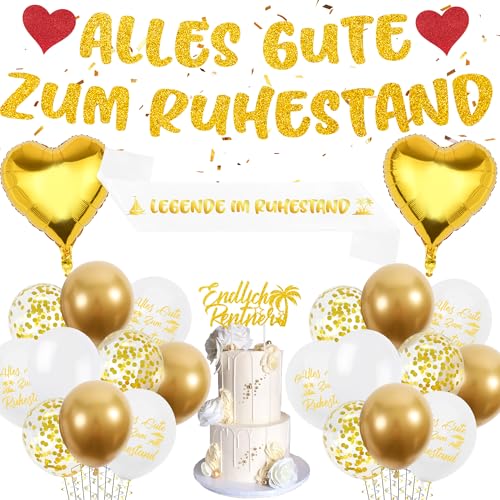 Xietaea Endlich Rente Deko Set - Endlich Rruhestand Dekoration für Mann und Frau mit Gold Alles Gute Zum Ruhestand Girlande, Luftballons, Tortendeko, schärpe für Abschiedsfeier und Renteneintritt Part von Xietaea