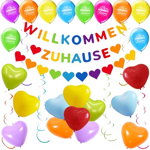 Farbenfrohe Willkommen Zuhause Girlande Deko - Herzlich Willkommen Baby Dekoration Set mit Willkommen Zuhause Banner Luftballons für Babyparty Familie Rückkehr Familienfeiern Einweihungsparty von Xietaea