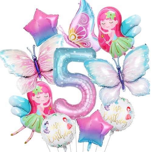 Feen 5 Geburtstag Deko Luftballons Mädchen - Rosa Geburtstagsdeko 5 Jahre, 10 Stück Fee Folienballons Schmetterlings und Stern Helium Ballons, Feenparty Dekoration Kindergeburtstag von Xietaea