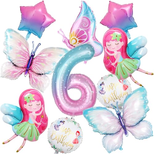 Feen Geburtstag Deko Luftballons Mädchen - Rosa Geburtstagsdeko 6 Jahre, 10 Stück Fee Folienballons Schmetterlings und Stern Helium Ballons, Feenparty Dekoration Kindergeburtstag von Xietaea