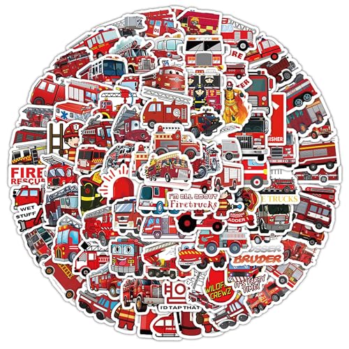 Feuerwehr Aufkleber Feuerwehrauto Sticker - 100 Stück Fire Truck Deko für Auto Wasserflasche Laptop Skateboard Fahrrad Koffer Scrapbook, Feuerwehrfahrzeuge Geschenk für Erwachsene Kinder Jungen von Xietaea