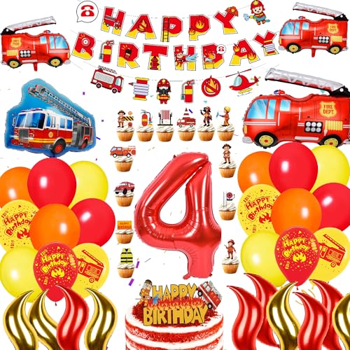 Feuerwehr Deko Kindergeburtstag 4 Jahre - 70 Stück Feuerwehr Geburtstag Dekoration mit Feuerwehrauto Luftballons Happy Birthday Banner Kuchen Toppers Tortendeko, Feuerwehrmann Geburtstagsdeko Jungen von Xietaea