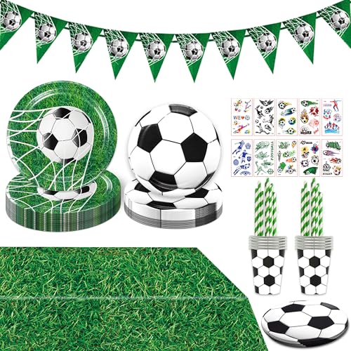 Fussball Deko Geburtstag Kinder Xietaea - 123 Stück Fussball Partygeschirr Set mit Fussball Tischdecke Pappteller Pappbecher Strohhalme Servietten für 20 Gäste, mit Wimpelkette und Tattoo Aufkleber von Xietaea