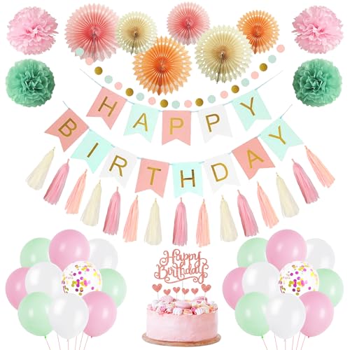 Geburtstag Deko Ballon Girlande für Mädchen - Pastell Rosa Grün Geburtstagsdeko Set mit Happy Birthday Banner Luftballon und Papierfächer, Party Dekoration für Kindergeburtstag Babyparty von Xietaea