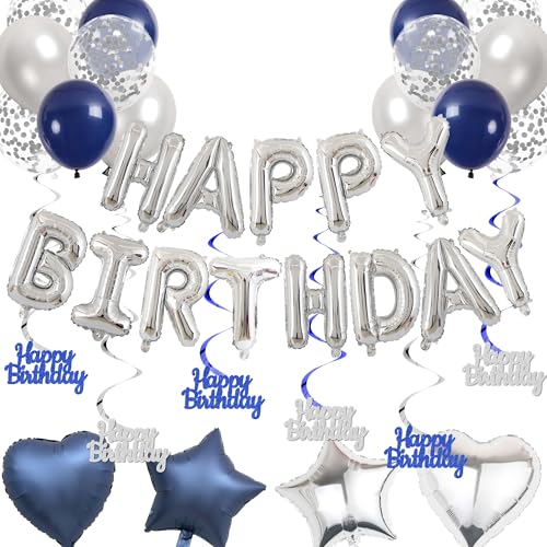 Geburtstag Deko Luftballons Blau Silber - Geburtstagsdeko Happy Birthday Ballon und Hängende Wirbel, Geburtstags Party Dekorationen Stern Herz Folienballon für Frauen Mann von Xietaea