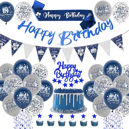 Geburtstagdeko Jungen Happy Birthday Girlande – Blau Silber Geburtstag Deko Luftballons Set mit Blauer SchäRpe Banner Wimpel Silbernem Konfetti Latexballon für Männer und Frauen von Xietaea