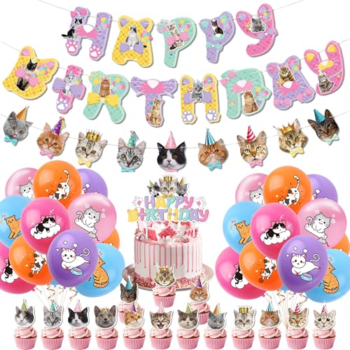 Katzen Deko Geburtstag Ballon Girlande - 59 Stück Katze Party Dekoration mit Happy Birthday Banner, Tortendeko Cupcake Topper und Luftballons, Kätzchen Geburtstagdeko für Mädchen Jungen Kinder von Xietaea