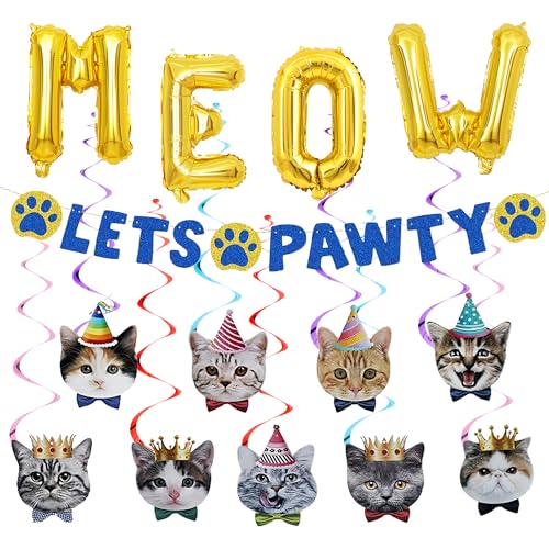 Katzen Deko Geburtstag Ballon Girlande - Katze Party Dekoration mit Lets Pawty Banner Meow Foilenballon und Hängende Wirbel, Kätzchen Geburtstagsdeko für Haustier Kinder Mädchen (Blau) von Xietaea