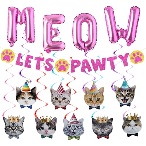 Katzen Deko Geburtstag Ballon Girlande - Katze Party Dekoration mit Lets Pawty Banner Meow Foilenballon und Hängende Wirbel, Kätzchen Geburtstagsdeko für Haustier Kinder Mädchen (Rosa) von Xietaea