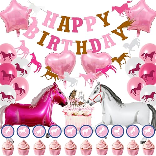 Pferde Geburtstagsdeko Pferde Luftballon - Rosa Pferd Folienballon Happy Birthday Banner Girlande und Tortendeko Set, Western Cowgirl Geburtstagsparty Zubehör, Wild West Party Kindergeburtstag von Xietaea