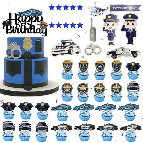 Polizei Deko Kindergeburtstag Cake Topper - 42 Stück Polizeiauto Tortendeko Cupcake Topper, Happy Birthday Kuchendeko, Polizei Geburtstag Dekoration, Geburtstagsparty für Jungen von Xietaea