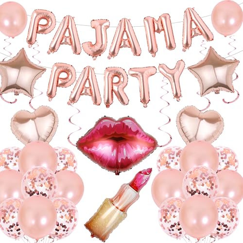 Pyjama Party Deko Luftballons Mädchen - 37 Stück Rosegold Lippenstift Rote Lippen Herz Sterne Ballons, Pajama Folienballons für Schlummer Slumber Spa Geburtstag Dekoration von Xietaea