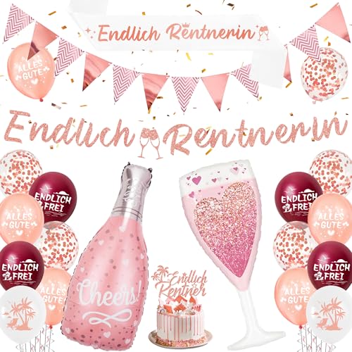 Xietaea Rente Deko Set Roségold - Endlich Rentnerin Dekoration mit Alles Gute Zum Ruhestand Luftballons, Endlich Rentnerin Girlande, Ruhestand Tortendeko, Schärpe für Abschiedsfeier Ruhestand Party von Xietaea