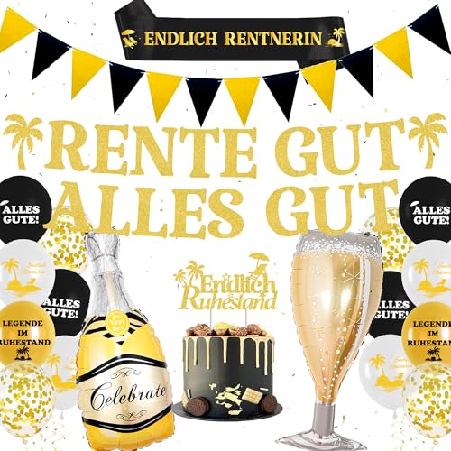 Ruhestand Deko Endlich Rentnerin Dekoration - Schwarz Gold Deko Renteneintritt Frau, Endlich im Ruhestand Luftballons, Schärpe, Tortendeko, Rente Gut Alles Gut Girlande, Kollegin Abschiedsfeier Party von Xietaea