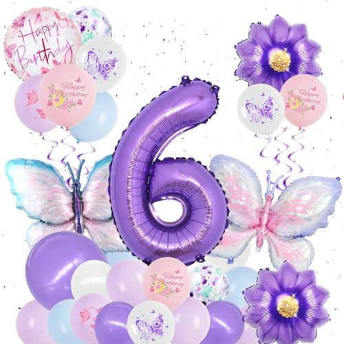 Schmetterling Deko Geburtstag Mädchen 6 Jahre - 31 Stück Geburtstagsdeko Luftballons Schmetterlinge Folienballon Zahlenballon, Lila Geburtstags Party Dekoration Ballons für Kinder von Xietaea