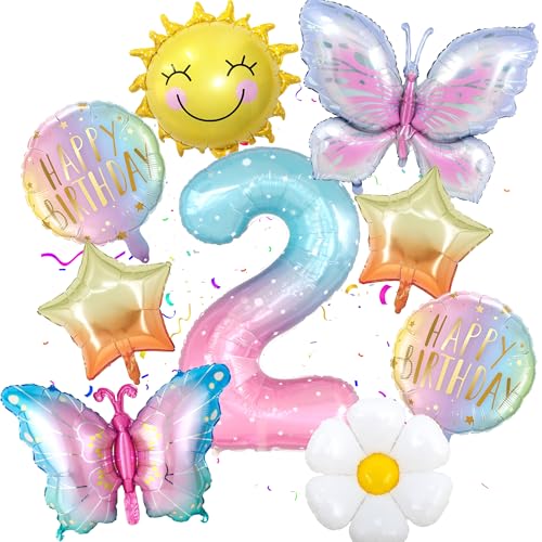 Schmetterling Luftballons Deko 2. Geburtstag Mädchen - 9 Stück Sonne Schmetterling Kindergeburtstag Ballons mit Folienballons Zahlen 2, Schmetterling Deko 2 Jahre Geburtstag von Xietaea