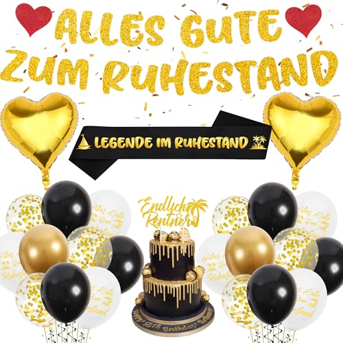 Schwarzes Gold Endlich Rente Deko - Endlich Rruhestand Dekoration für Mann Frau mit Alles Gute Zum Ruhestand Girlande, Luftballons, Tortendeko, kuchendeckel, schärpe, Abschiedsfeier Ruhestand Party von Xietaea