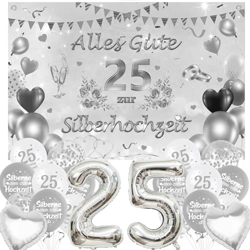 Silberhochzeit Deko Banner Luftballons Set - Silber Hochzeitstag Dekoration mit Hintergrund Silberne Weiß Ballons zahl 25 Folienballon, 25. Hochzeitstags Jubiläum Party Dekorationen von Xietaea